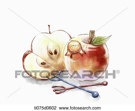 Drawing - Organic apple and fork . Fotosearch