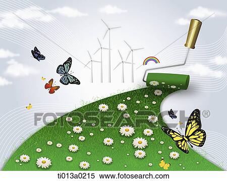 Painting the grass with wind power plant around View Large Illustration Stock Illustration - Painting the grass with wind power plant around. Fotosearch