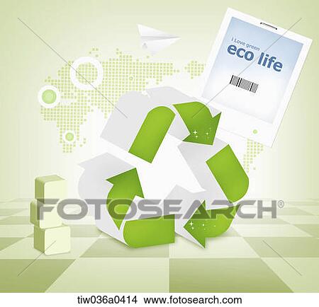 Recycling mark with eco life tag View Large Illustration Stock Illustration - Recycling mark with eco life tag . Fotosearch