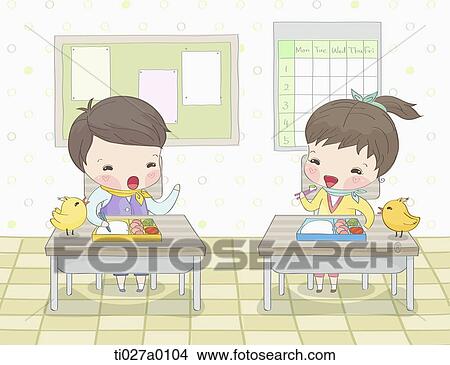 Stock Illustration - Student having lunch in the classroom . Fotosearch
