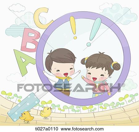 Student standing in magnifier with alphabet View Large Illustration Clipart - Student standing in magnifier with alphabet. Fotosearch