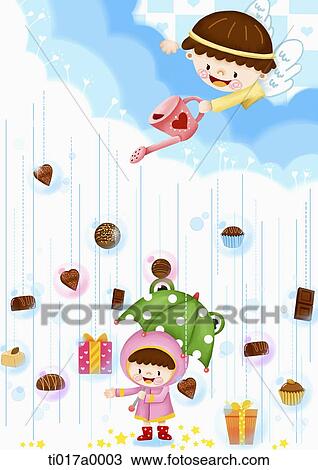 Drawing - The angel boy watering chocolate rain to the girl . Fotosearch