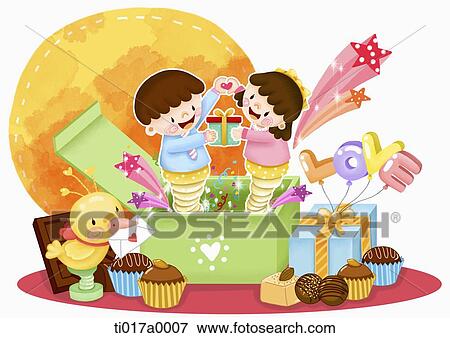 The boy and girl from the gift box with chocolate around View Large Illustration Stock Illustration - The boy and girl from the gift box with chocolate around. Fotosearch