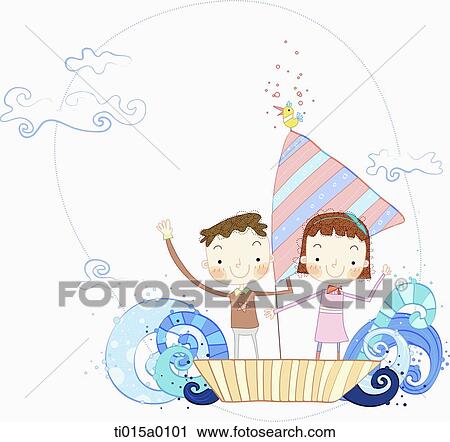 Clip Art - The boy and girl sailing on the boat. Fotosearch