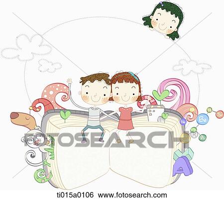 Stock Illustration - The boy and girl sitting on the book. Fotosearch