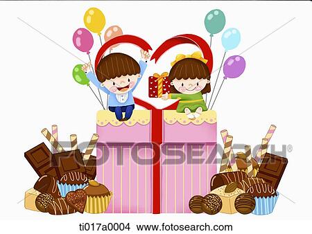 Stock Illustration - The boy and girl sitting on the gift with the chocolate around. Fotosearch