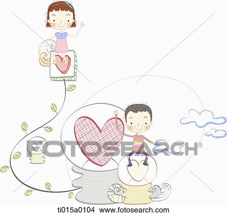 Stock Illustration - The boy and girl sitting on the heart light bulb. Fotosearch