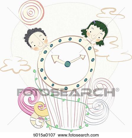 The boy and girl with the clock View Large Illustration Stock Illustration - The boy and girl with the clock. Fotosearch