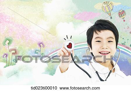 The boy holding the stethoscope of red heart View Large Illustration Clipart - The boy holding the stethoscope of red heart. Fotosearch