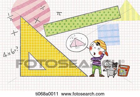 Clip Art - The boy thinking the calculation with rulers. Fotosearch