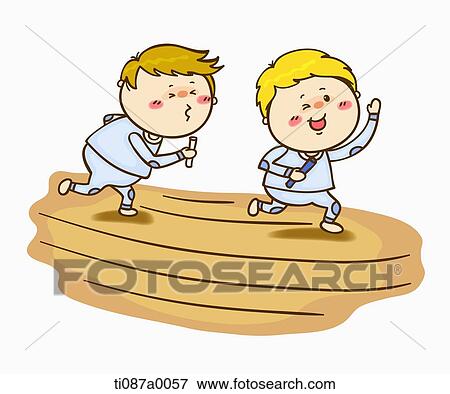Stock Illustration - The boys running in the relay race. Fotosearch