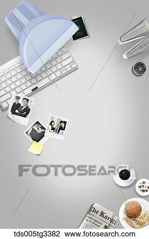 Drawing - The businessman desk with various stuffs around. Fotosearch