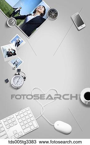 Drawing - The businessman desk with various stuffs around. Fotosearch