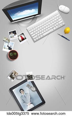 Stock Illustration - The businessman desk with various stuffs around. Fotosearch