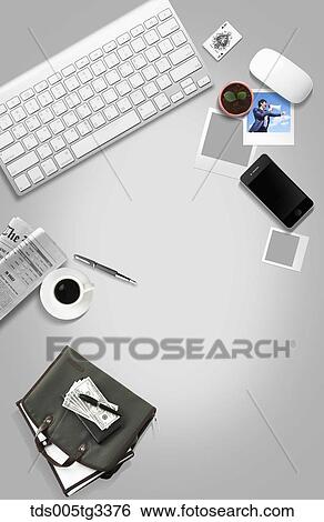 Stock Illustration - The businessman desk with various stuffs around. Fotosearch