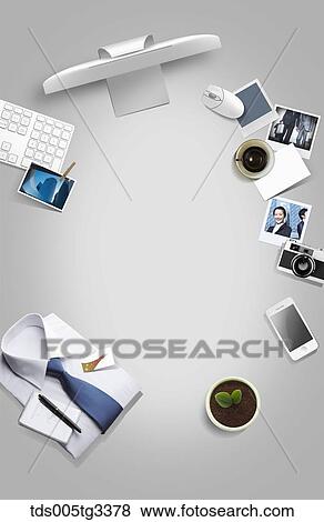 Stock Illustration - The businessman desk with various stuffs around. Fotosearch