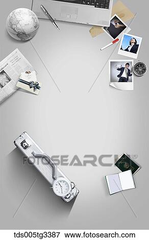 Stock Illustration - The businessman desk with various stuffs around. Fotosearch