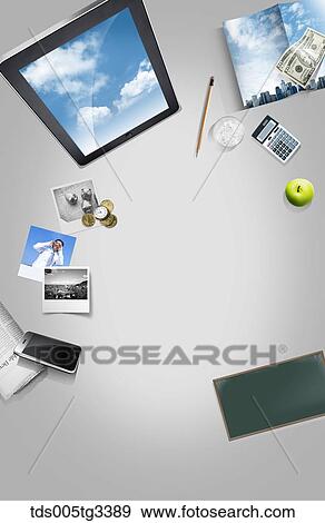 Stock Illustration - The businessman desk with various stuffs around. Fotosearch