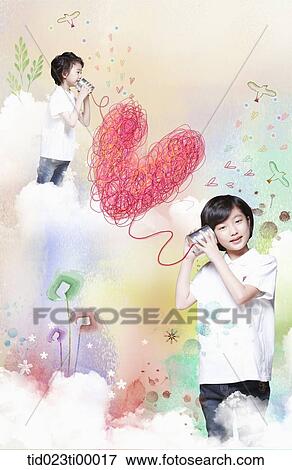 Stock Illustration - The children connected with the can telephone. Fotosearch