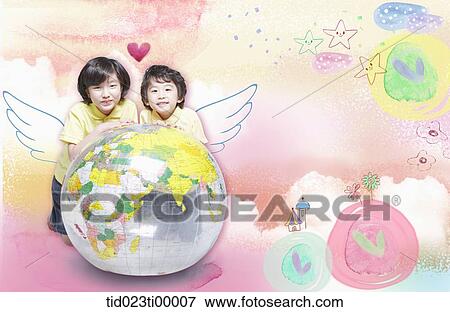 Stock Illustration - The children having the wings behind the globe . Fotosearch