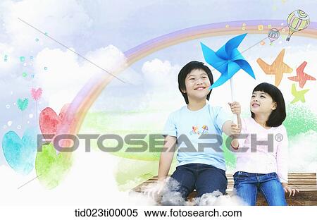 Stock Illustration - The children holding the pinwheel on the bench. Fotosearch