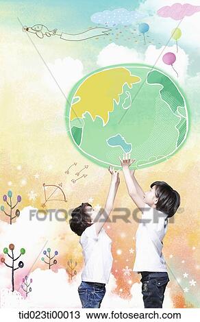 Drawing - The children holding up the globe. Fotosearch