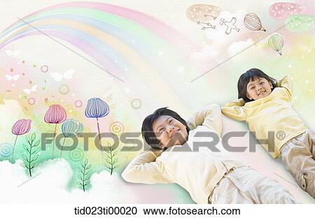 The children lying on the rainbow View Large Illustration Clipart - The children lying on the rainbow. Fotosearch
