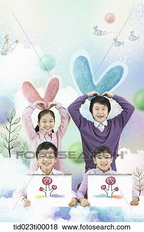 Stock Illustration - The children making heart and showing the painting of tree. Fotosearch