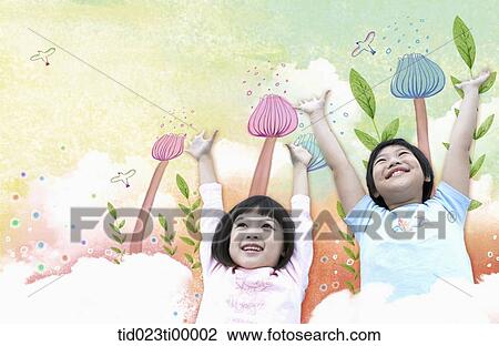 Drawing - The children putting up their hands with trees around. Fotosearch