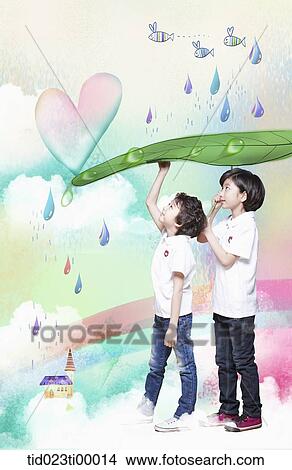 Stock Illustration - The children under the green leaf on rainy day . Fotosearch