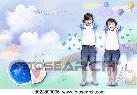 The children with blue painted hands View Large Illustration Stock Illustration - The children with blue painted hands . Fotosearch