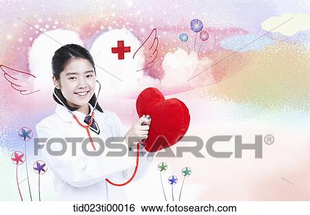 The doctor listening to the heart with the stethoscope View Large Illustration Stock Illustration - The doctor listening to the heart with the stethoscope . Fotosearch