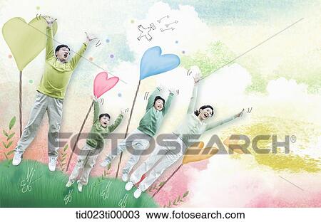 Drawing - The family putting up their hands with trees around. Fotosearch