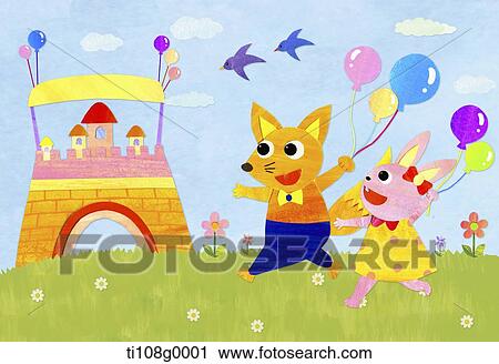 Clip Art - The fox and rabbit running on the grass with balloons. Fotosearch