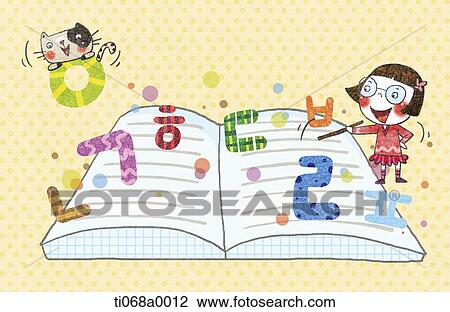 Drawing - The girl with the Korean letters and book. Fotosearch
