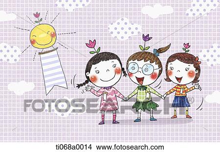 Stock Illustration - The girls holding hands together with the sun. Fotosearch