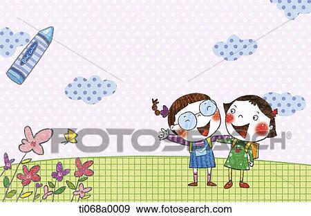 Stock Illustration - The girls with the blue sky and green hill. Fotosearch