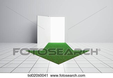 Clip Art - The green arrow from the open door. Fotosearch