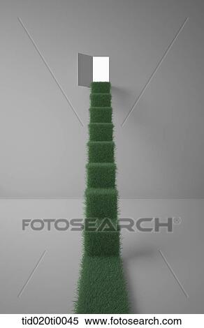 Stock Illustration - The green grass stair from the open door. Fotosearch
