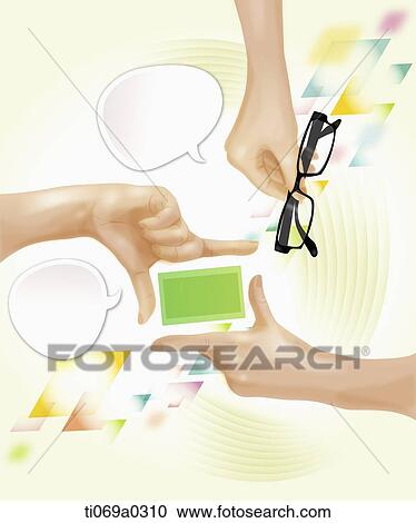 The hand making square and holding glasses with speech bubble View Large Illustration Clipart - The hand making square and holding glasses with speech bubble. Fotosearch
