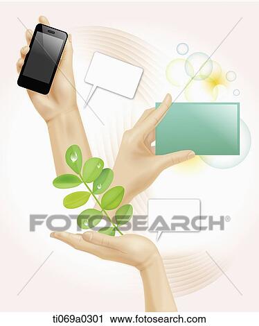 The hand with mobile phone, green grass, and speech bubble View Large Illustration Clip Art - The hand with mobile phone, green grass, and speech bubble. Fotosearch