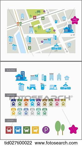The image of location map and icon View Large Illustration Drawing - The image of location map and icon . Fotosearch