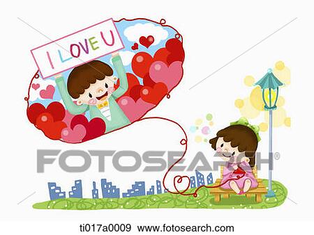 Stock Illustration - The knitting girl with the boy sending 'I love you' message. Fotosearch