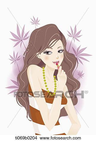 The lady applying the lipstick on her lip View Large Illustration Stock Illustration - The lady applying the lipstick on her lip . Fotosearch