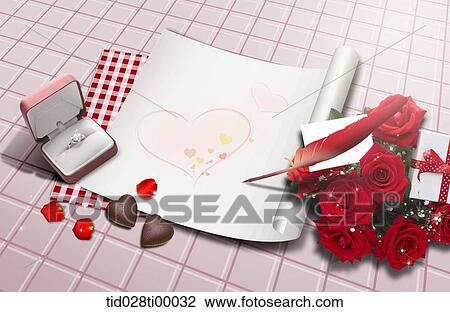 The love letter with gift, chocolate, ring, and flower View Large Illustration Drawing - The love letter with gift, chocolate, ring, and flower. Fotosearch