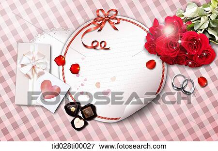 The love letter with gift, chocolate, ring, and flower View Large Illustration Stock Illustration - The love letter with gift, chocolate, ring, and flower. Fotosearch