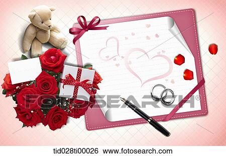 The love letter with teddy bear, gift, flower, and ring View Large Illustration Stock Illustration - The love letter with teddy bear, gift, flower, and ring. Fotosearch