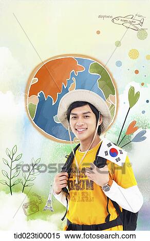 Stock Illustration - The man carrying a backpack with the national flag of South Korea. Fotosearch
