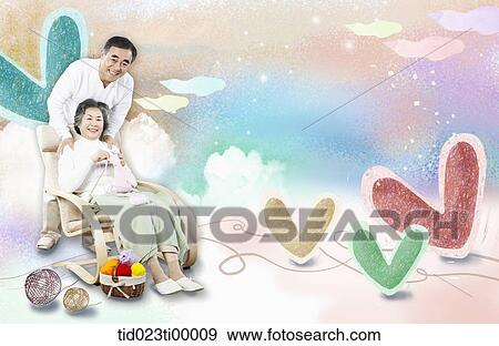 The old couple around the armchair and the heart View Large Illustration Stock Illustration - The old couple around the armchair and the heart. Fotosearch