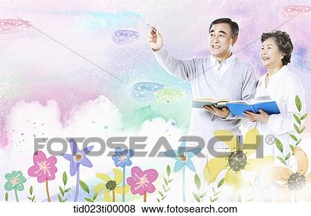 Stock Illustration - The old couple looking at the same direction with the books. Fotosearch